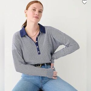 J. Crew Relaxed Long-Sleeve Stretch Linen-Blend Polo in Stripe, navy & white, M